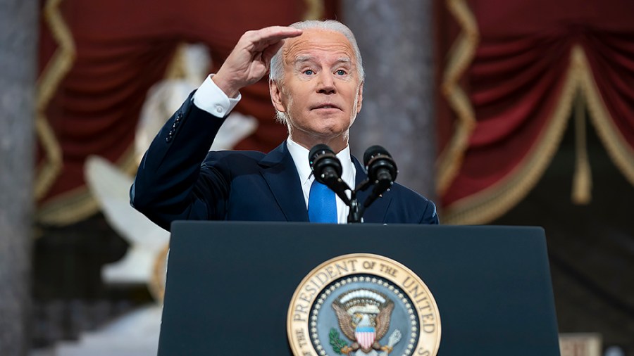 President Joe Biden gives remarks in Statuary Hall of the U.S Capitol in Washington, D.C., on Thursday, January 6, 2022 to mark the one year anniversary of the attack on the Capitol.