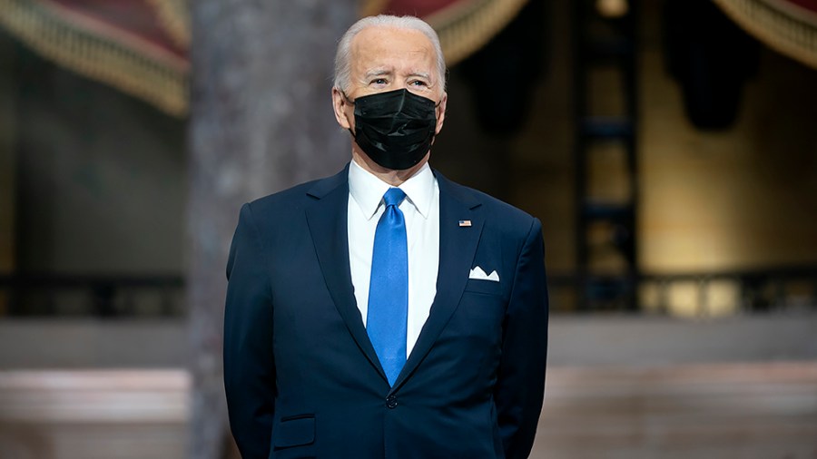 President Joe Biden is seen before giving remarks in Statuary Hall of the U.S Capitol in Washington, D.C., on Thursday, January 6, 2022 to mark the one year anniversary of the attack on the Capitol.