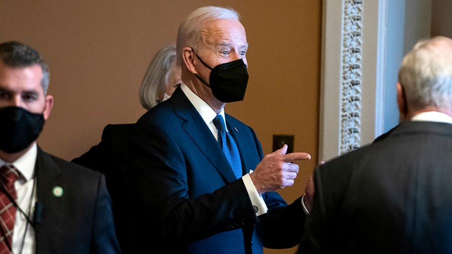 President Biden speaks to Senate Pages on Wednesday, January 12, 2022 after visiting the Capitol to pay his respects to the late Sen. Harry Reid (D-Nev.) as he lies in state in the Capitol Rotunda.