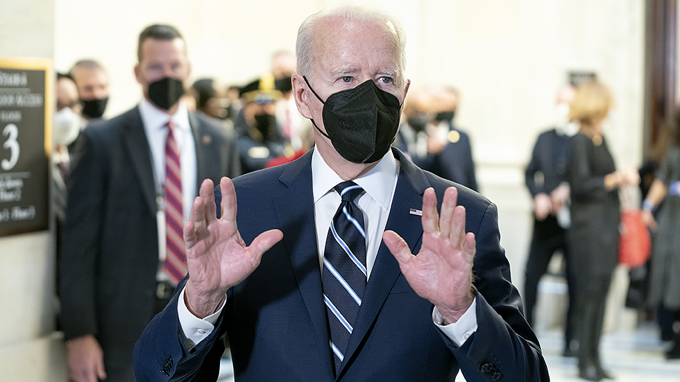 President Biden speaks to reporters after a Democratic caucus luncheon at the Senate Russell Office building to discuss voting rights and filibuster reform on Thursday, January 13, 2022.