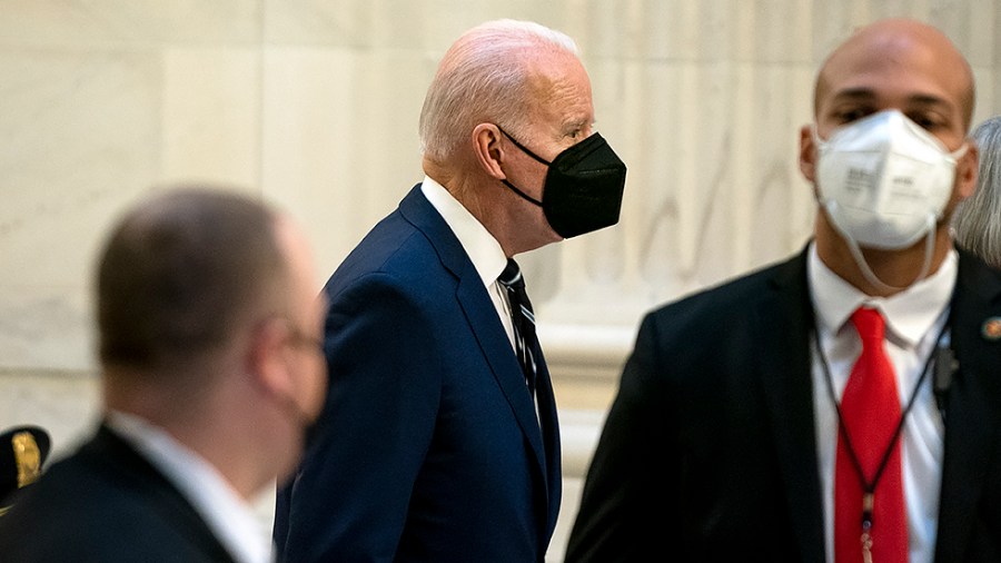 President Biden arrives for a Democratic caucus luncheon at the Senate Russell Office building to discuss voting rights and filibuster reform on Thursday, January 13, 2022.