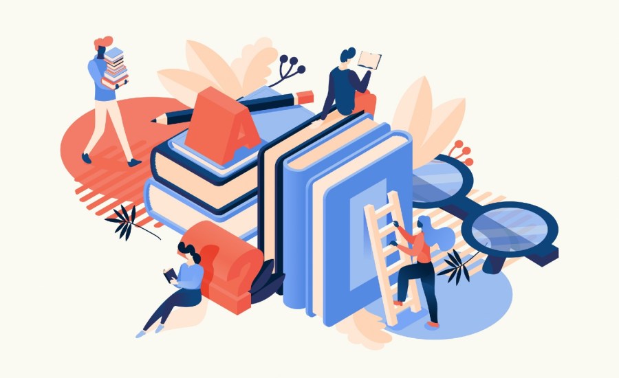 Vector isometric scene with large books, glasses, letter a and people reading