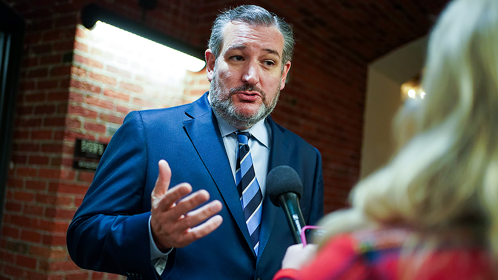 Sen. T Cruz (R-Texas) speaks to a reporter in the Senate Russell Office Building as he returns from a floor speech on Thursday, January 13, 2022.                     