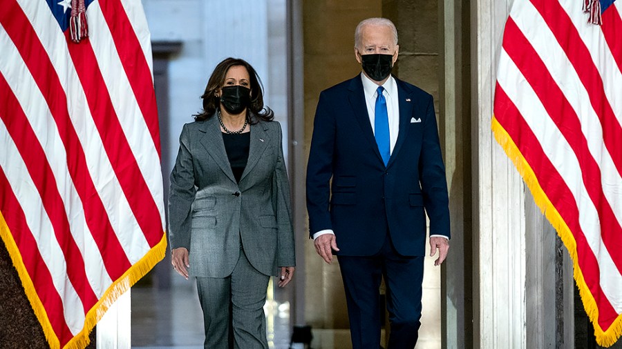 Vice President Kamala Harris and President Joe Biden arrive to give remarks in Statuary Hall of the U.S Capitol in Washington, D.C., on Thursday, January 6, 2022 to mark the one year anniversary of the attack on the Capitol.