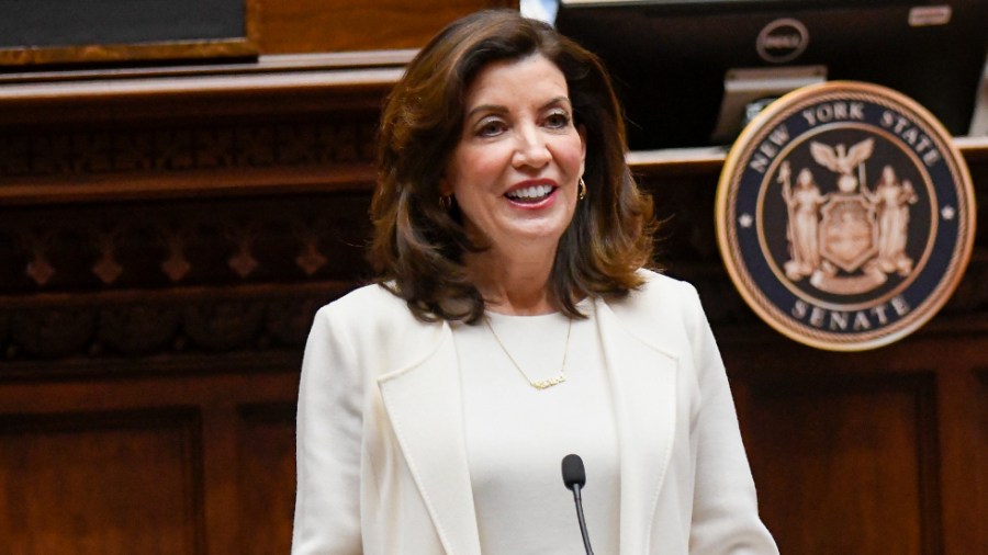 New York Gov. Kathy Hochul (D) delivers her first State of the State address in the Assembly Chamber