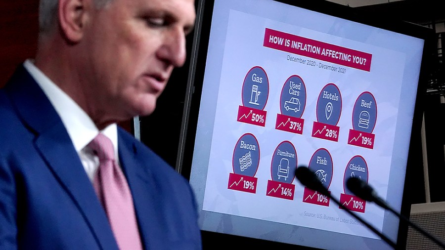 A graph of inflation from 2020-2021 is seen as Minority Leader Kevin McCarthy (D-Calif.) addresses reporters during his weekly on-camera press conference on Thursday, January 13, 2022.