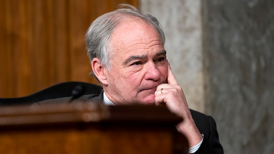 Sen. Tim Kaine (D-Va.) is seen during a Senate Health, Education, Labor, and Pensions Committee hearing on Jan. 11, 2022.