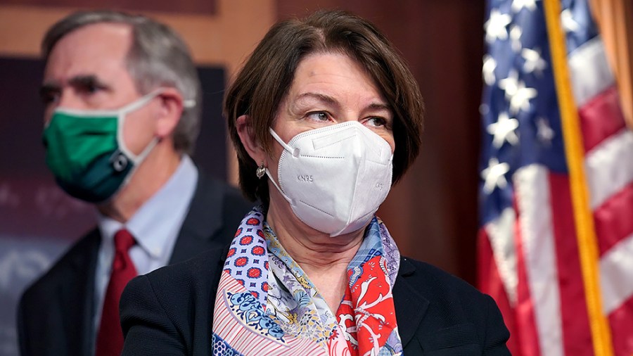 Sen. Amy Klobuchar (D-Minn.) is seen during a press conference following a virtual policy luncheon on Tuesday, January 4, 2022.