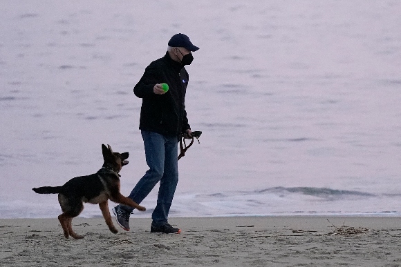 President Joe Biden prepares to throw a ball as he walks with his dog Commander in Rehoboth Beach, Del.