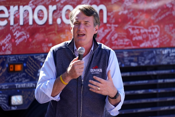 Republican gubernatorial candidate Glenn Youngkin speaks during a campaign rally in Roanoke, Va.