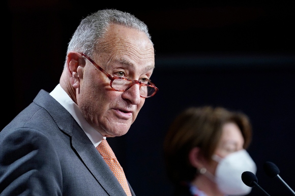 Senate Majority Leader Chuck Schumer of N.Y., speaks during a news conference