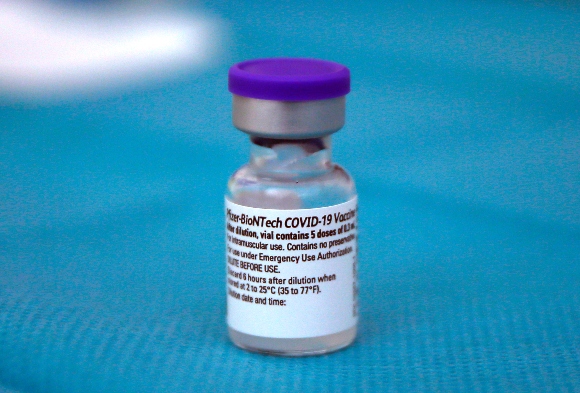 A vial with the Biontech/Pfizer vaccine against COVID-19 disease