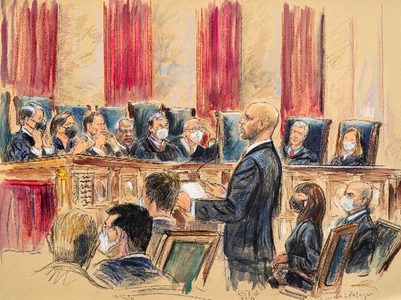 This artist sketch depicts lawyer Scott Keller standing to argue before the Supreme Court