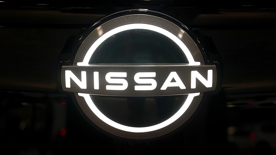 A Nissan badge is seen illumined at the Washington, D.C., Auto Show at the Walter E. Washington Convention Center on Monday, January 24, 2022.