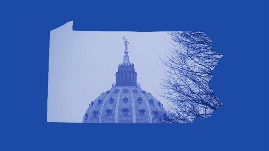 Blue-tinted photo illustration of the state of Pennsylvania, statehouse