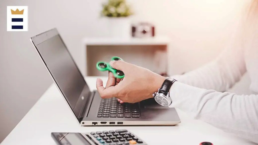 Person playing with a fidget toy while working on their computer