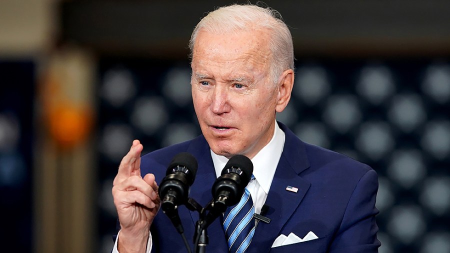 President Biden speaks during an event to sign an executive order regarding project labor agreements at Irownworks Local 5 in Upper Marlboro, Md., on Friday, February 4, 2022.