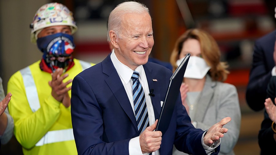 President Biden holds an executive order regarding project labor agreements at Irownworks Local 5 in Upper Marlboro, Md., on Friday, February 4, 2022.