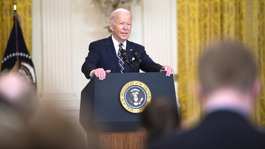 President Biden announces new sanctions against Russia during a briefing in the East Room at the White House Tuesday, February 22, 2022. The sanctions come a day after Russian President Vladimir Putin ordered troops into two regions of Ukraine.