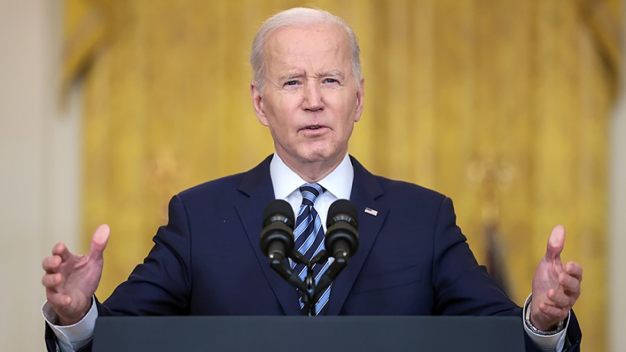 President Biden delivers a statement on Russia and Ukraine in the East Room of the White House in Washington, DC on Thursday, February 24, 2022.