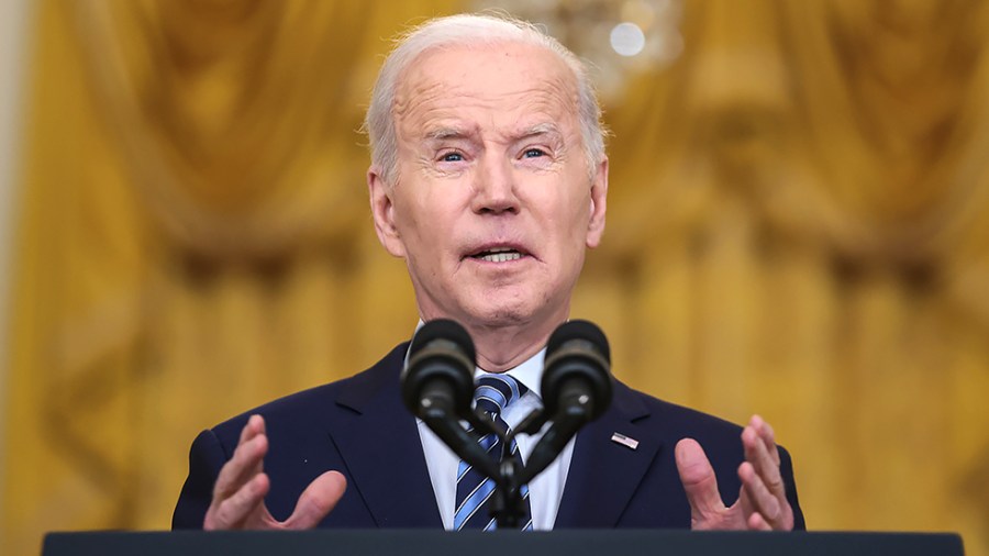 President Biden delivers a statement on Russia and Ukraine in the East Room of the White House in Washington, DC on Thursday, February 24, 2022.