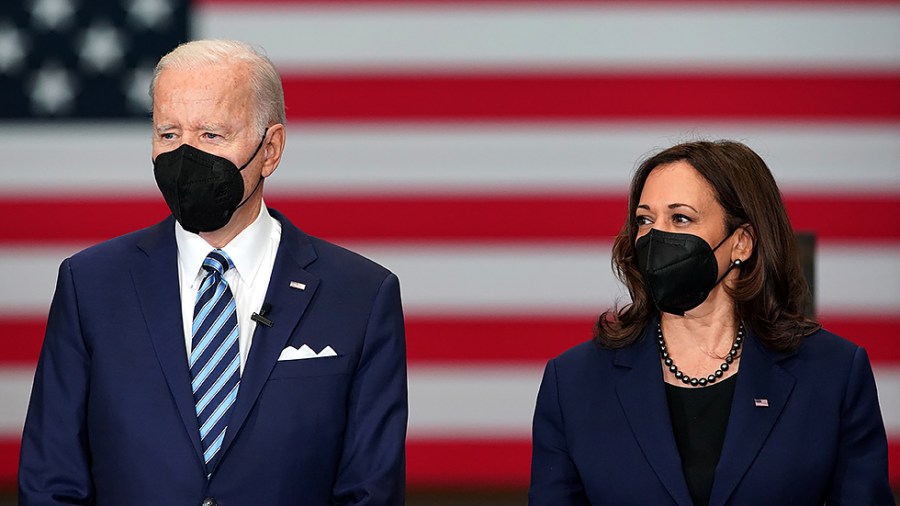 President Biden and Vice President Harris are seen during an event to sign an executive order regarding project labor agreements at Irownworks Local 5 in Upper Marlboro, Md., on Friday, February 4, 2022.