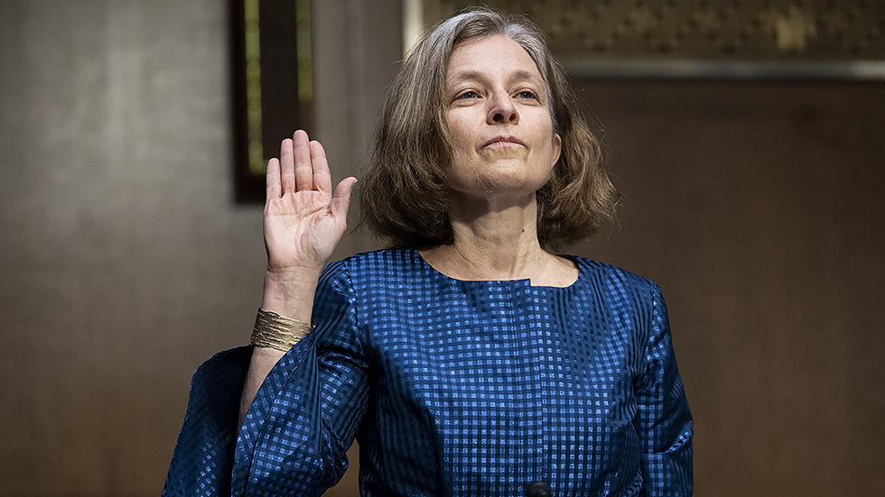 Sarah Bloom Raskin, nominee to be vice chairman for supervision and a member of the Federal Reserve Board of Governors, is sworn in during the Senate Banking, Housing and Urban Affairs Committee confirmation hearing on Thursday, February 3, 2022