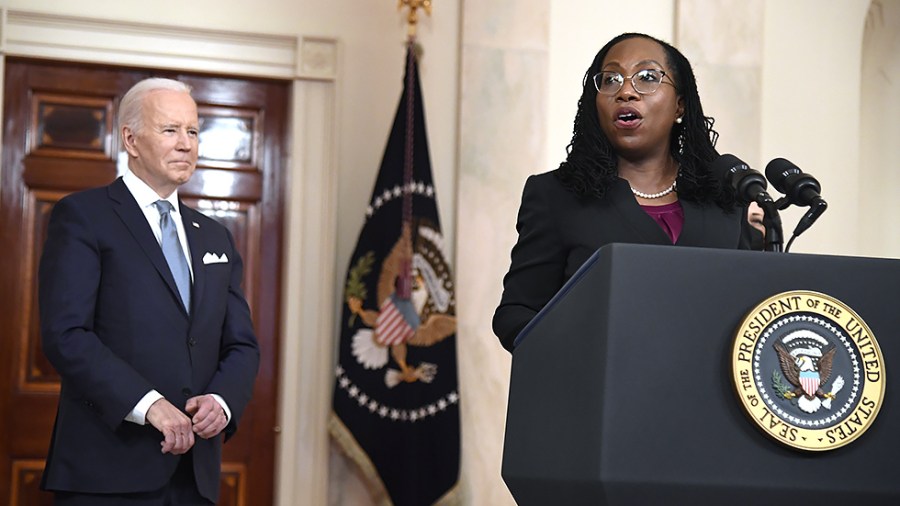 Judge Ketanji Brown Jackson makes remarks after President Joe Biden announced her nomination to the Supreme Court, Friday, February 25, 2022, at the White House.