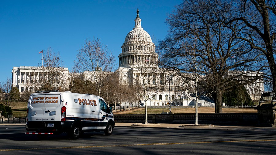 A U.S. Capitol Police van is seen near the West Front on Wednesday, February 9, 2022.