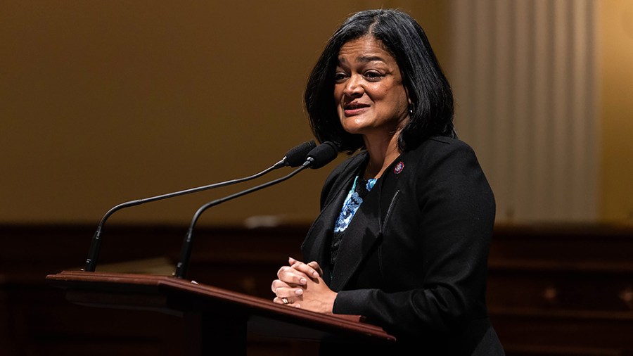 Rep. Pramila Jayapal (D-Wash.) speaks as members of Congress share recollections of the Jan. 6 assault on the U.S. Capitol on the one year anniversary of the attack Thursday, Jan. 6, 2022.