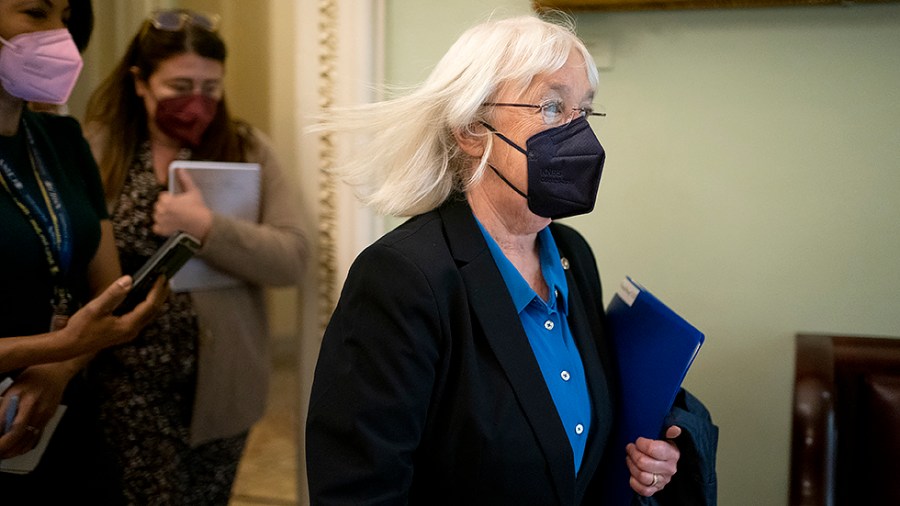 Sen. Patty Murray (D-Wash.) arrives to hear White House Chief of Staff Ron Klain address a Senate Democratic policy luncheon on Thursday, February 17, 2022.