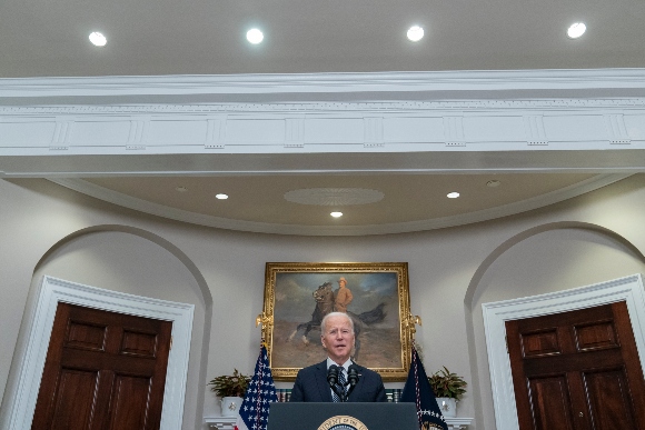 President Joe Biden speaks about Ukraine in the Roosevelt Room of the White House