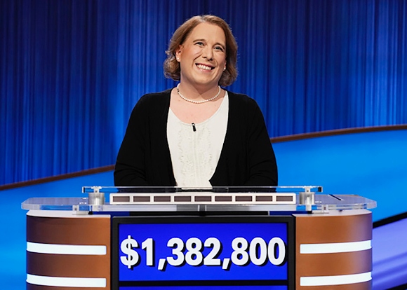 Contestant Amy Schneider on the set of "Jeopardy!"