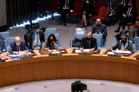 Russia's UN Ambassador Vasily Nebenzya, left, addresses the United Nations Security Council