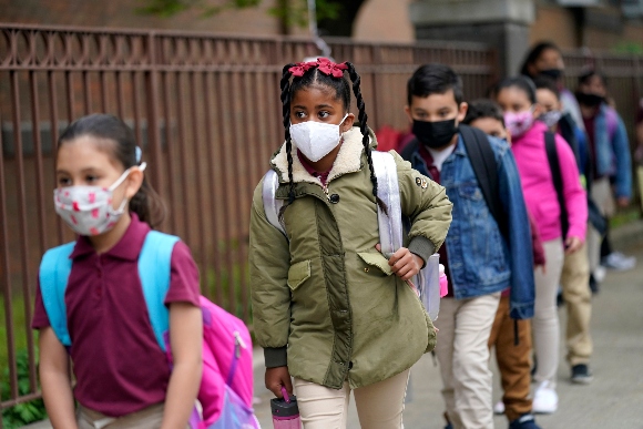 Students line up to enter Christa McAuliffe School in Jersey City,