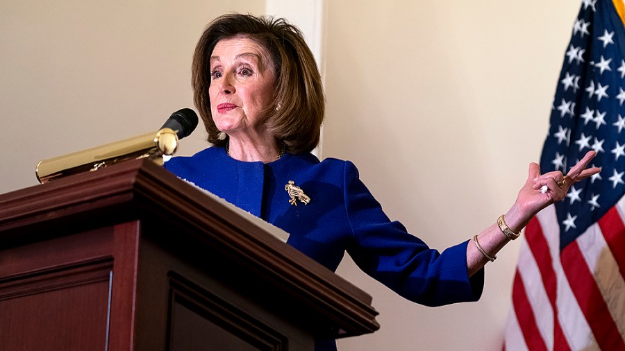 Speaker Nancy Pelosi (D-Calif.) speaks during a ceremony to unveil a statue of Pierre L'Enfant by artist Gordon Kray on Monday, February 28, 2022.