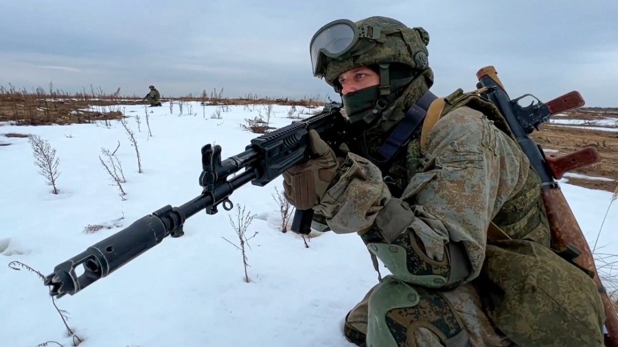 A Russian marine participates in exercises in Belarus