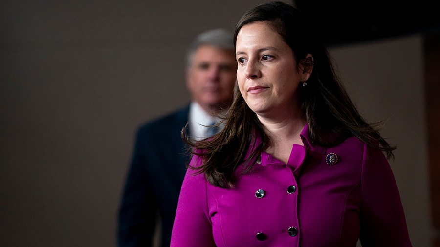 Rep. Elise Stefanik (R-N.Y.) arrives for a press conference after a closed-door House Republican conference meeting on Wednesday, February 2, 2022.