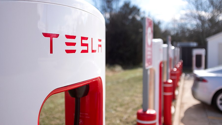 A Tesla Supercharger station is seen at a Sheetz Gas Station in Bealeton, Va., on Thursday, February 10, 2022.