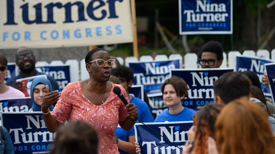 Nina Turner speaks to a crowd