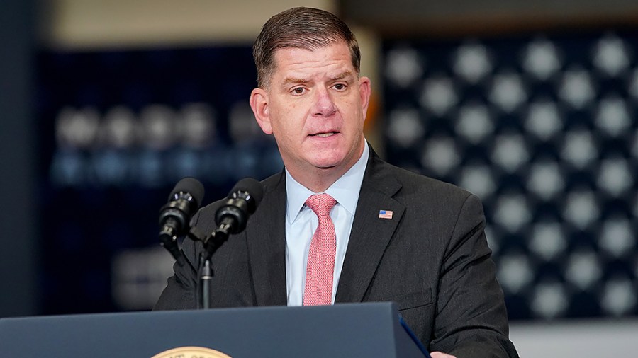 Secretary of Labor Marty Walsh speaks at an event with President Biden and Vice President Kamala Harris to sign an executive order regarding project labor agreements at Irownworks Local 5 in Upper Marlboro, Md., on Friday, February 4, 2022.