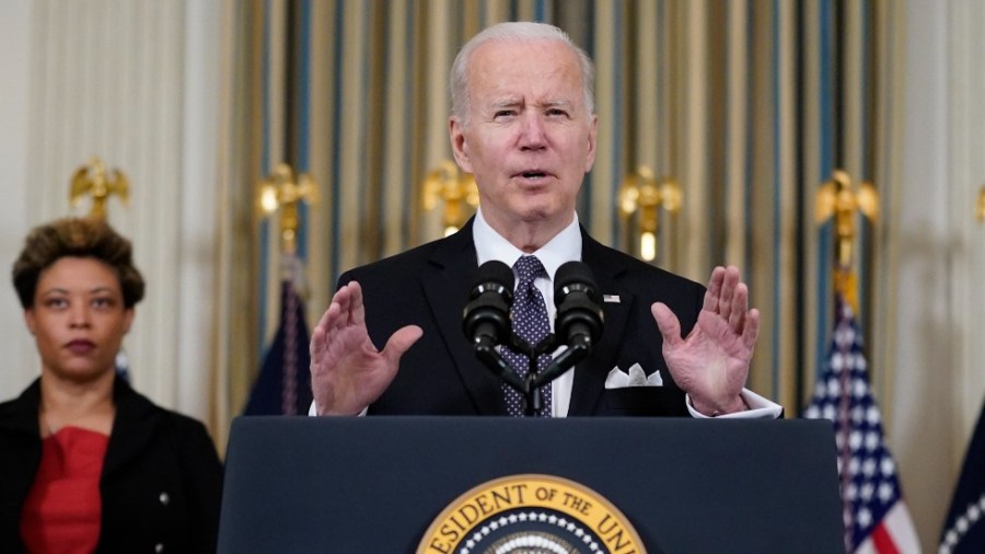 President Joe Biden speaks about his proposed budget for fiscal year 2023 in the State Dining Room of the White House