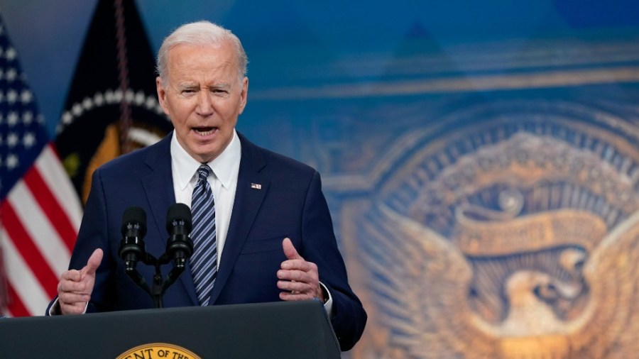 President Biden speaks about his administration's plans to combat rising gas prices in the South Court Auditorium on the White House campus on Thursday, March 31, 2022.