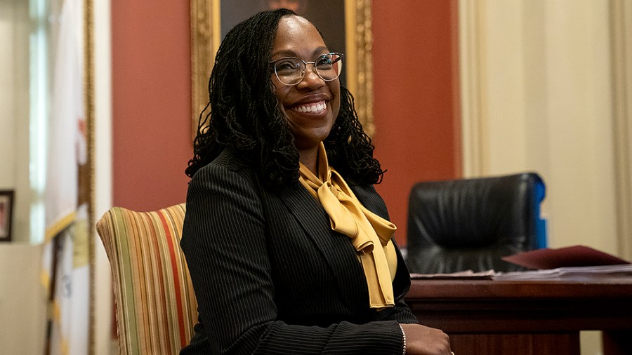 Supreme Court nominee Ketanji Brown Jackson participates in a photo op prior to a meeting with Sen. Richard Durbin (D-Ill.) meeting on Wednesday, March 2, 2022.