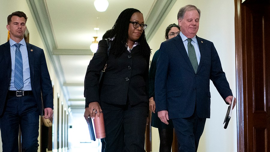 Supreme Court nominee Ketanji Brown Jackson arrives for a meeting with Sen. Deb Fischer (R-Neb.) at her office on Thursday, March 17, 2022.