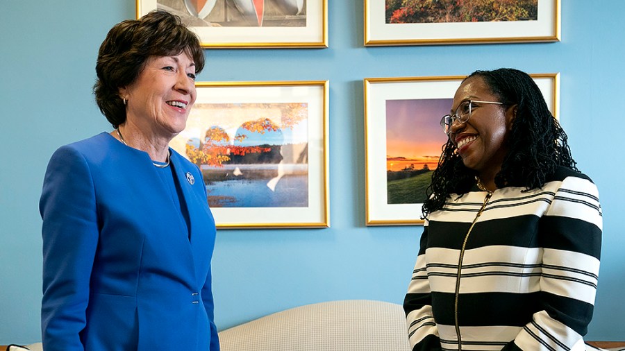 Sen. Susan Collins (R-Maine) and Supreme Court nominee Ketanji Brown Jackson participate in a photo op prior to their meeting on Tuesday, March 8, 2022.