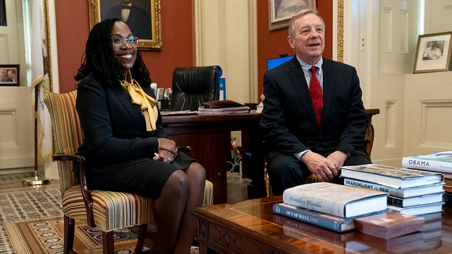 Supreme Court nominee Ketanji Brown Jackson and Sen. Richard Durbin (D-Ill.) participate in a photo op prior to their meeting on Wednesday, March 2, 2022.