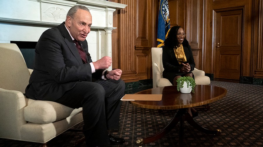 Supreme Court nominee Ketanji Brown Jackson and Majority Leader Charles Schumer (D-N.Y.) participate in a photo op prior to their meeting on Wednesday, March 2, 2022.