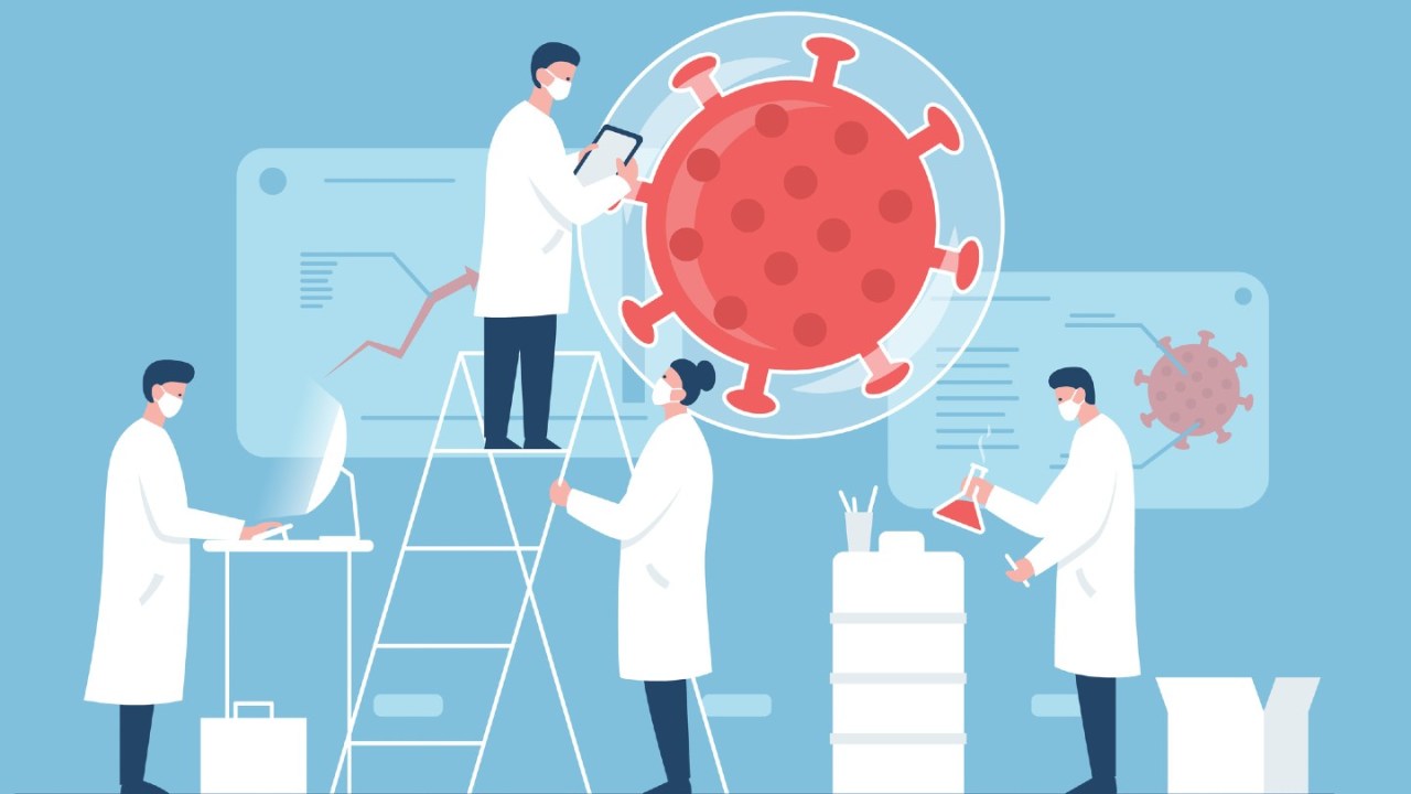 illustration of researchers around a large virus