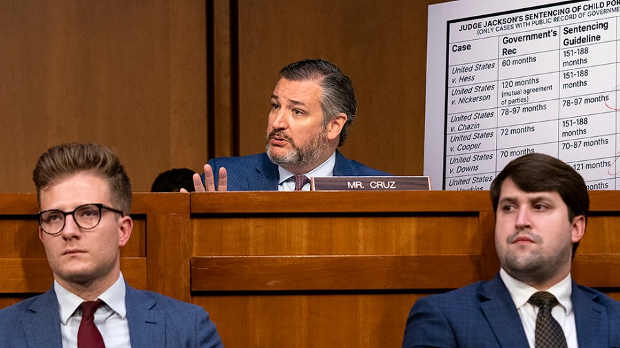 Sen. Ted Cruz (R-Texas) asks questions of Supreme Court nominee Ketanji Brown Jackson during the third day of her Senate Judiciary Committee confirmation hearing on Wednesday, March 23, 2022.